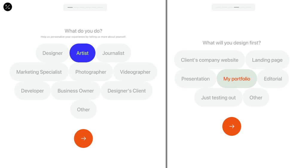 Readymag also offers a questionnaire-style onboarding process.